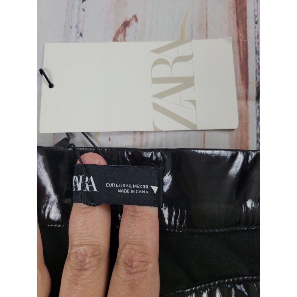 Zara Woman Faux Leather Shinny Vinyl Black Relaxed Fit Moto Biker Pants Size L - Picture 9 of 11